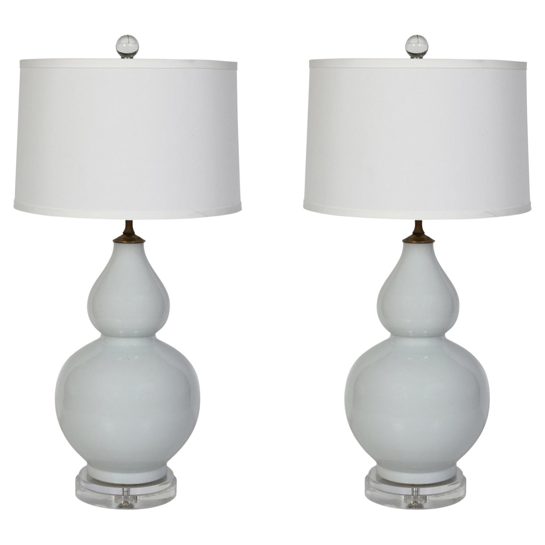 A Pair of Double Gourd Gray Ceramic Lamps on Lucite Base For Sale