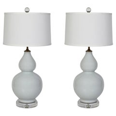 A Pair of Double Gourd Gray Ceramic Lamps on Lucite Base