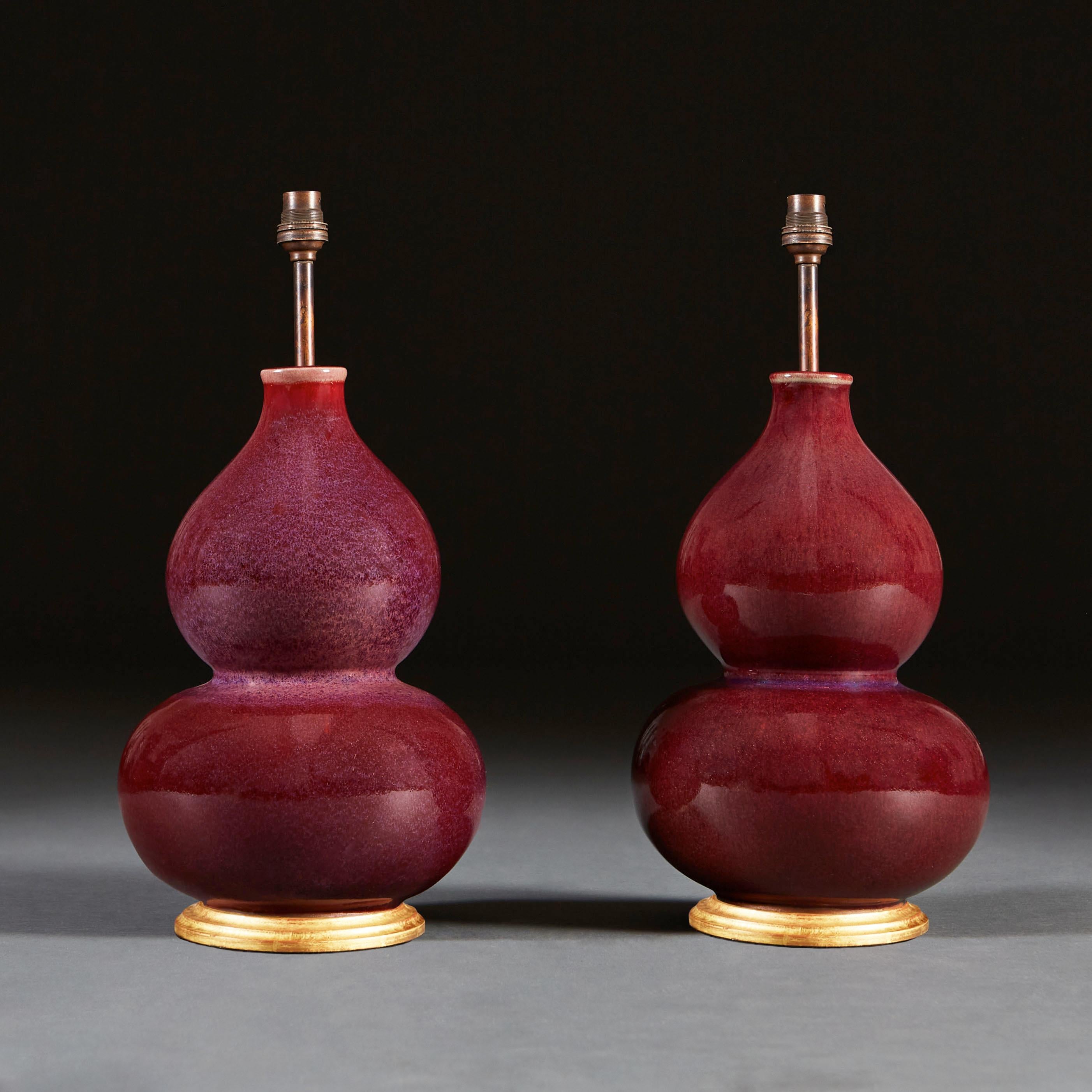 Chinese A Pair of Double Gourd Sang De Boeuf Vases as Table Lamps