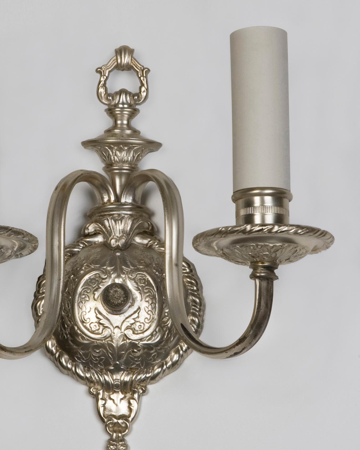 Baroque Two Arm Antique Silver Plate Sconces with Intricate Foliate Details, Circa 1910s