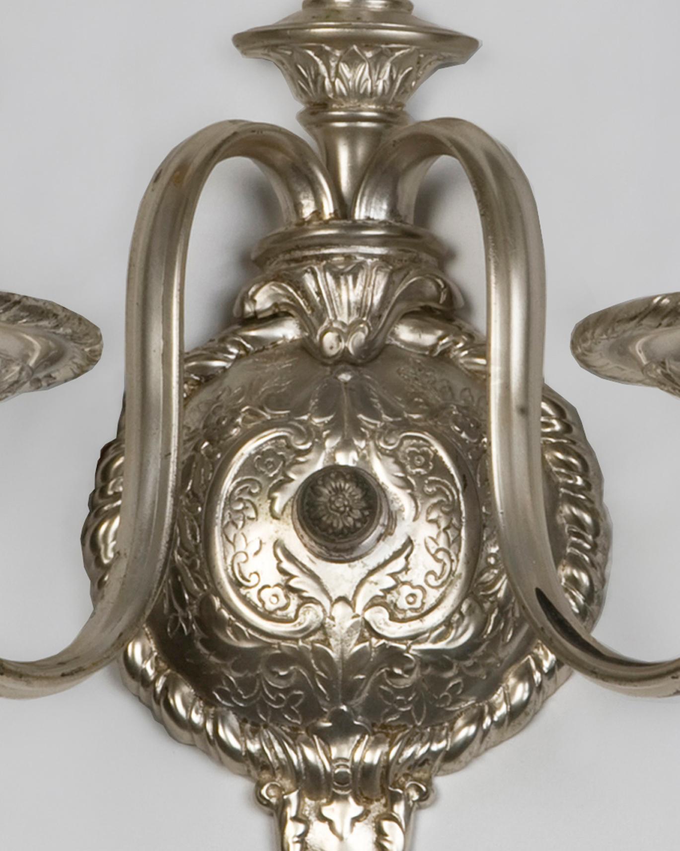 American Two Arm Antique Silver Plate Sconces with Intricate Foliate Details, Circa 1910s