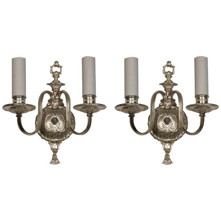 Two Arm Antique Silver Plate Sconces with Intricate Foliate Details, Circa 1910s