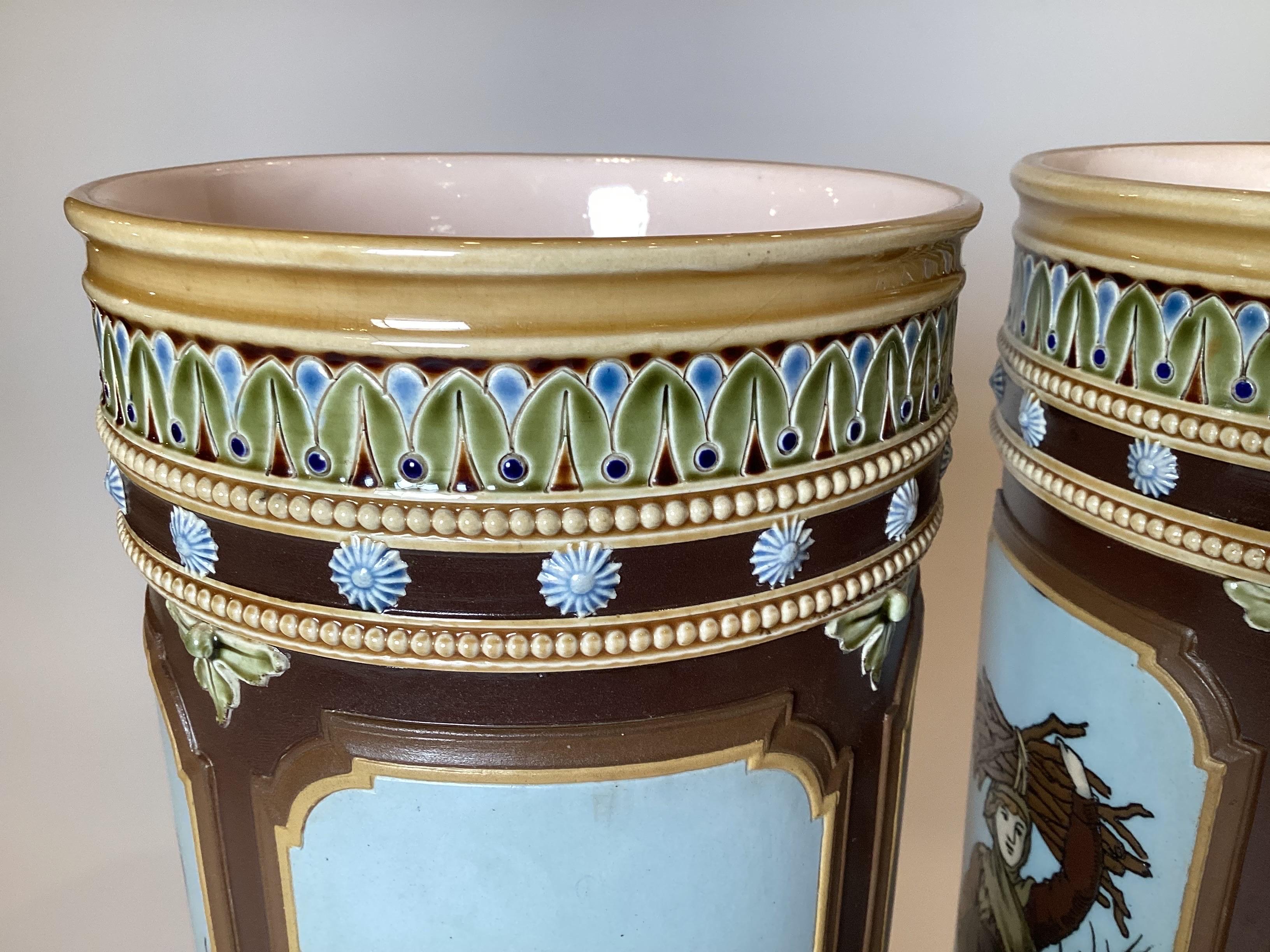 Pair of Mettlach Hand Decorated Cylinder Vases, 1880s For Sale 2