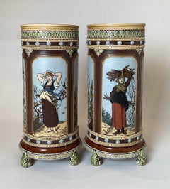 Pair of Mettlach Hand Decorated Cylinder Vases, 1880s