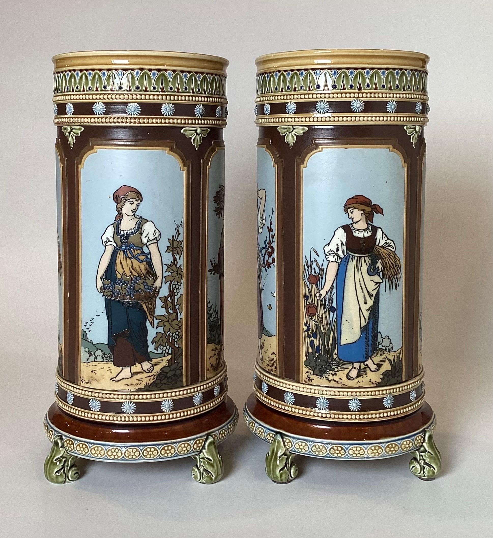 Victorian Pair of Mettlach Hand Decorated Cylinder Vases, 1880s For Sale