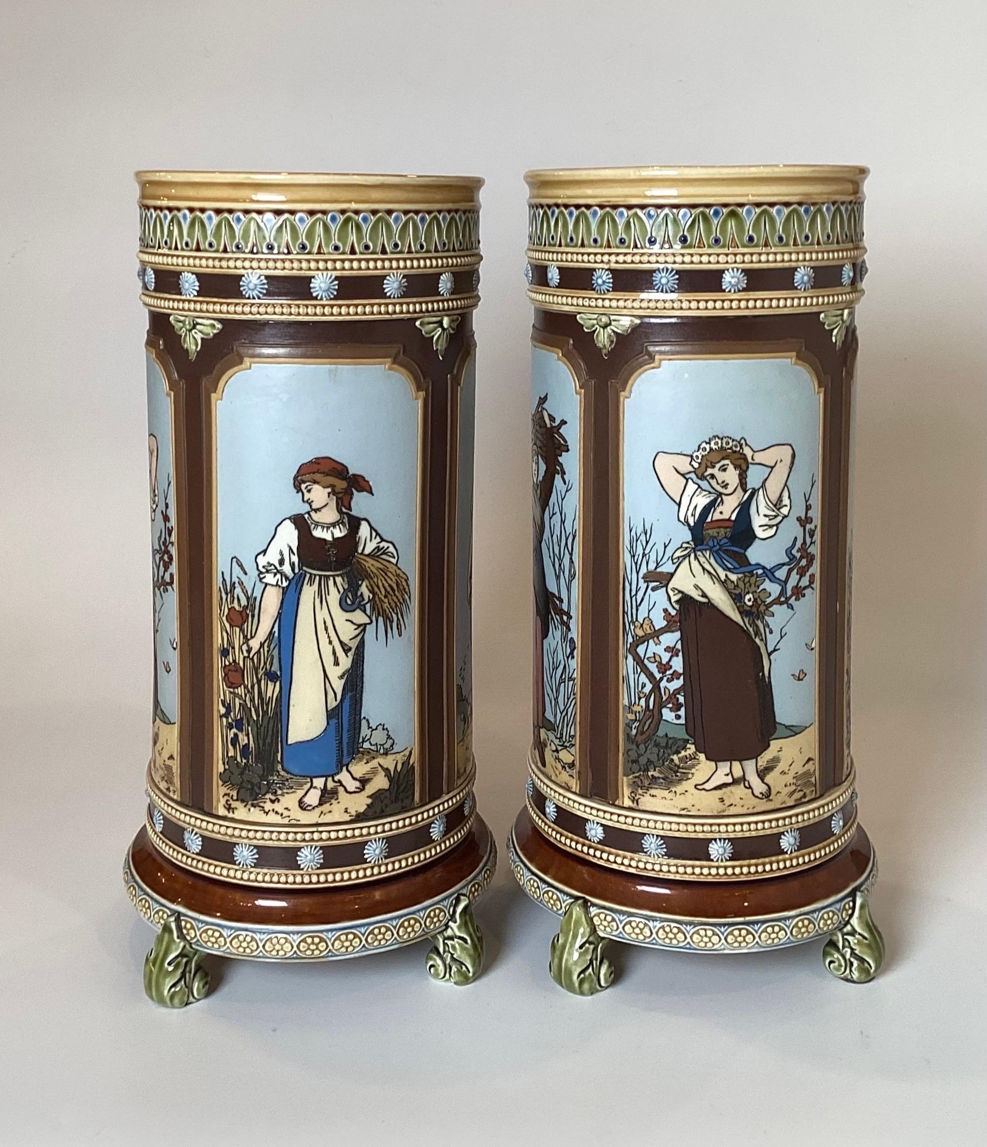 German Pair of Mettlach Hand Decorated Cylinder Vases, 1880s For Sale