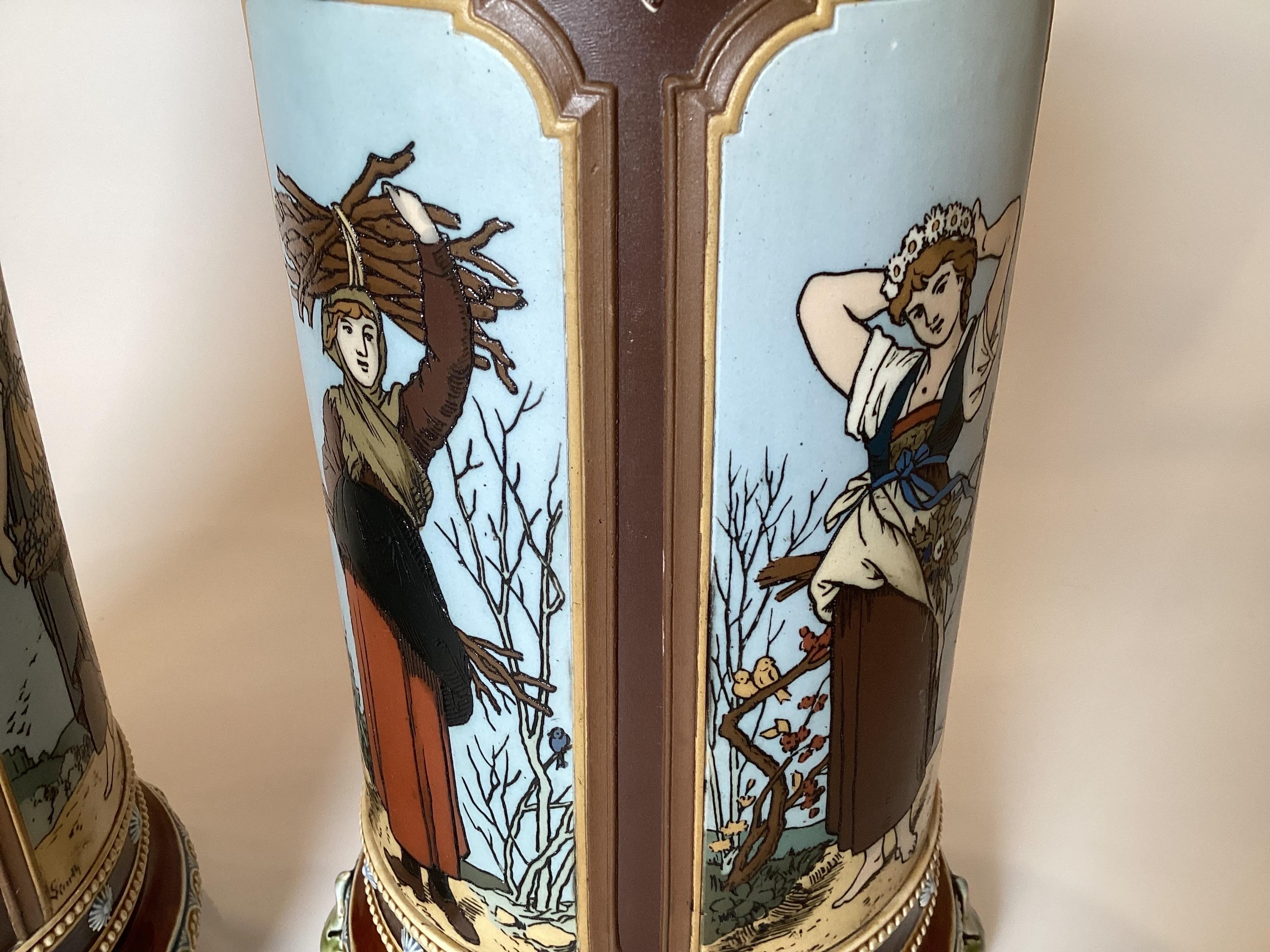 Pair of Mettlach Hand Decorated Cylinder Vases, 1880s In Excellent Condition For Sale In Lambertville, NJ
