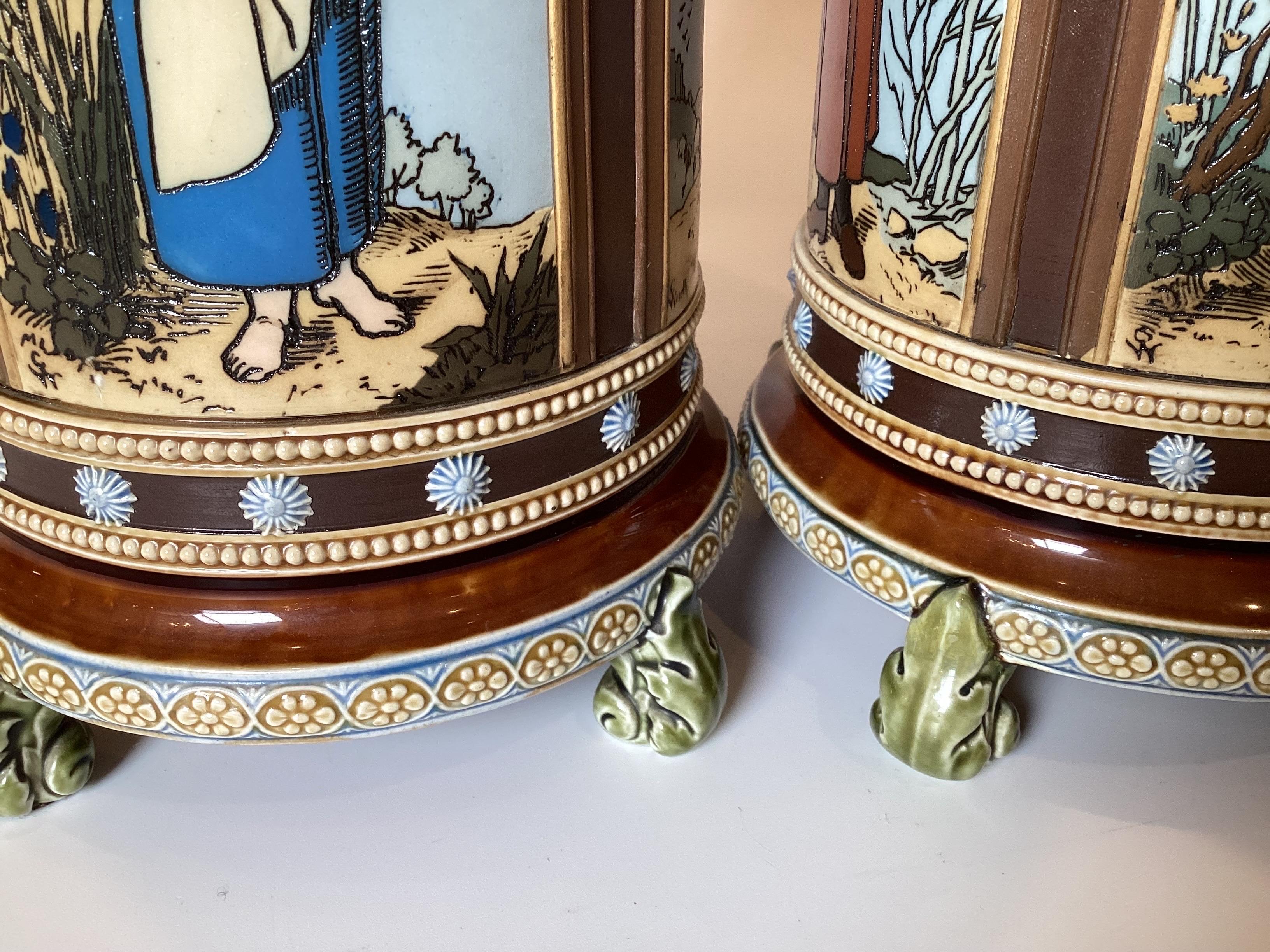 Late 19th Century Pair of Mettlach Hand Decorated Cylinder Vases, 1880s For Sale