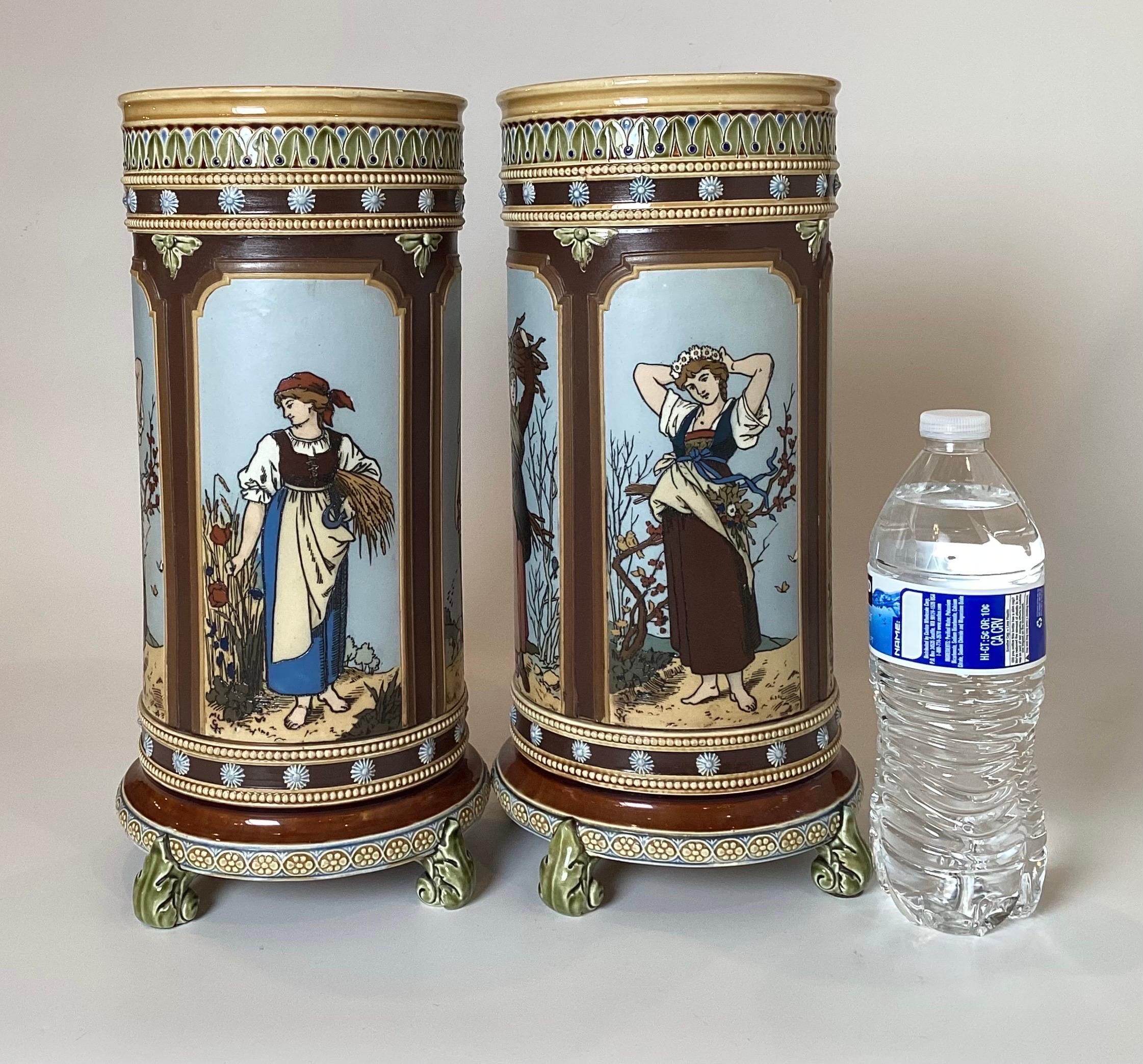 Pair of Mettlach Hand Decorated Cylinder Vases, 1880s For Sale 1