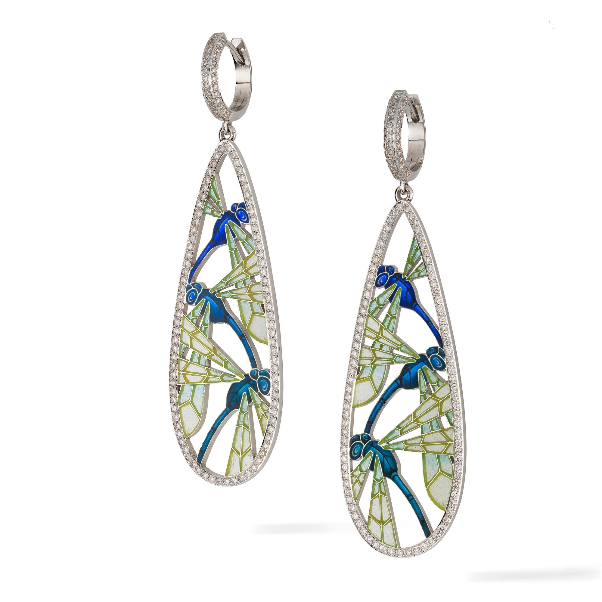 A pair of Dragonfly earrings by Ilgiz F, each with a drop shaped openwork plaque, depicting three dragonflies with feu-enamelled bodies and fine plique-á-jour wings, surrounded by diamond-set frame and suspended by diamond set hook fittings, all