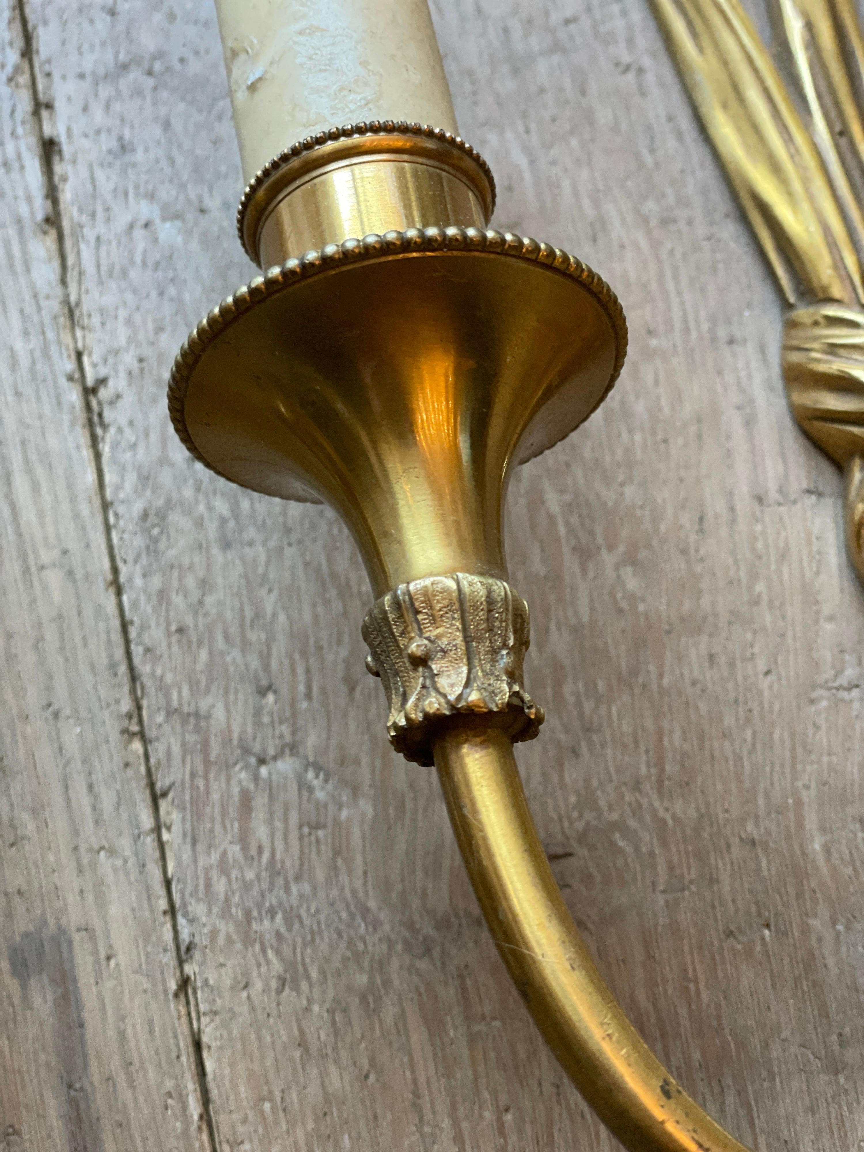 Neoclassical Pair of Drape Gilt Bronze Wall Lights by Maison Charles