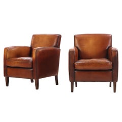 A Pair of Dutch Art Deco Style Leather Club Chairs, C. 1955.