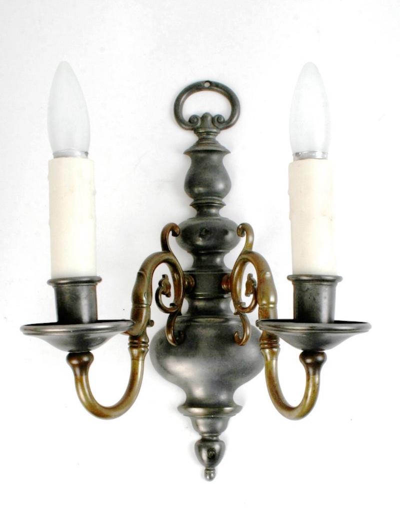 Colonial Revival Pair of Dutch, Brass and Pewter Double Light Wall Sconces