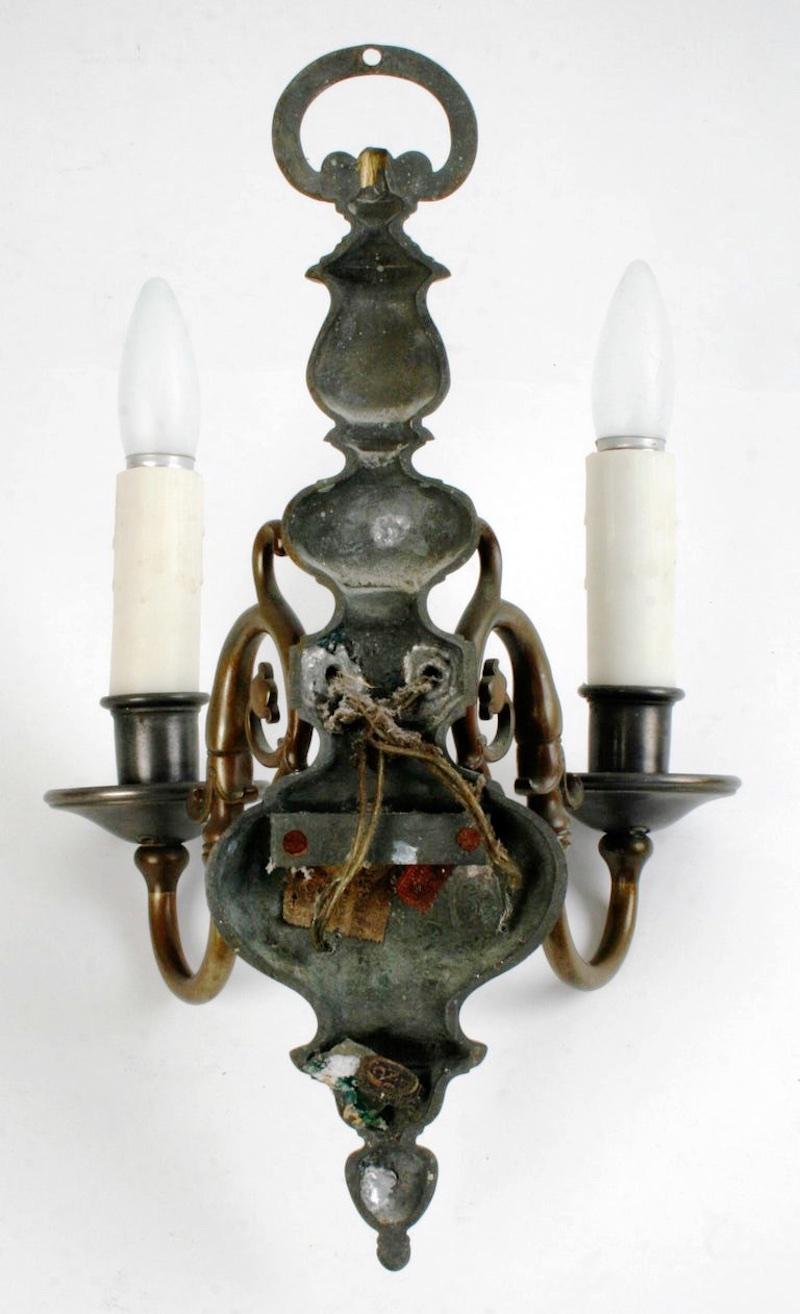 American Pair of Dutch, Brass and Pewter Double Light Wall Sconces