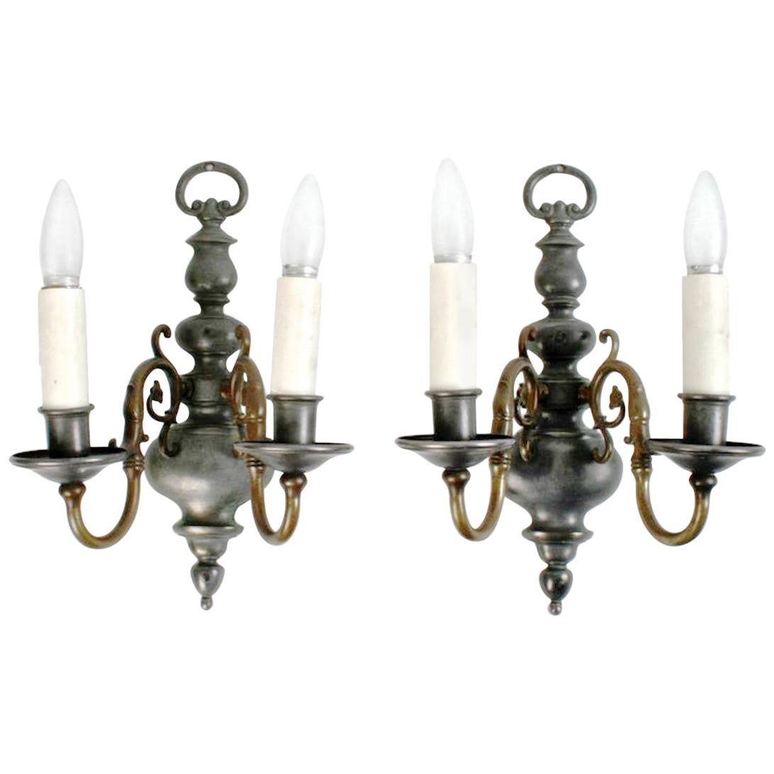 Pair of Dutch, Brass and Pewter Double Light Wall Sconces