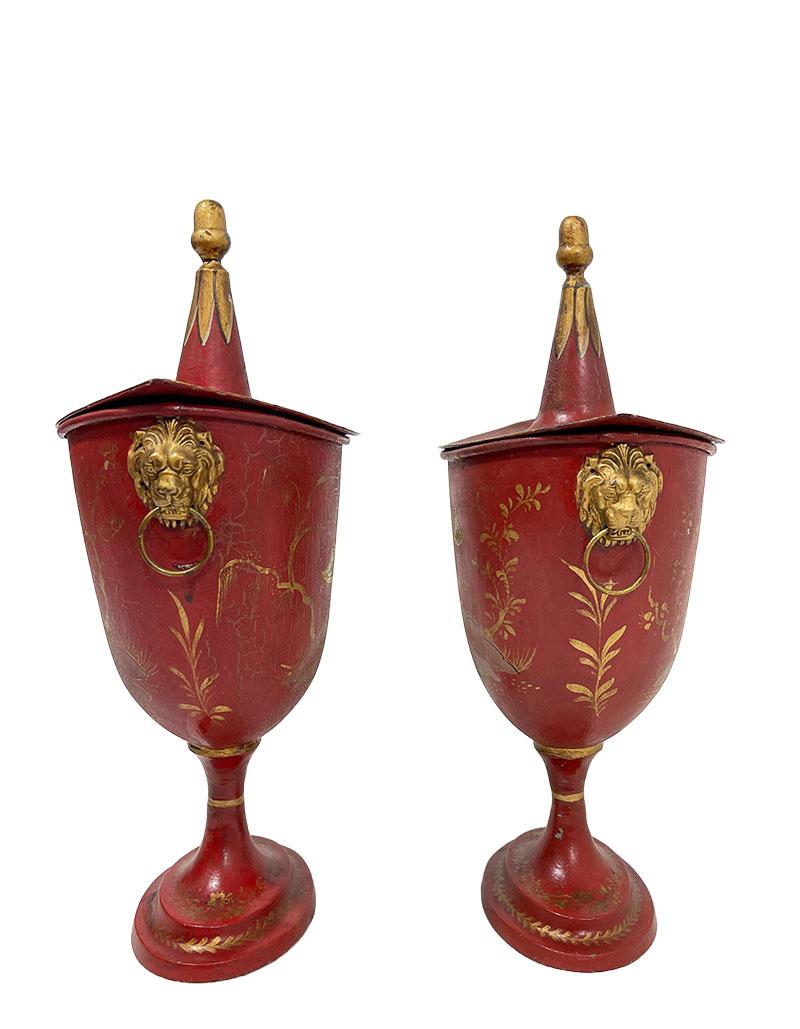 European Pair of Dutch Chestnut Urns with Chinoiserie Decoration, 19th Century For Sale