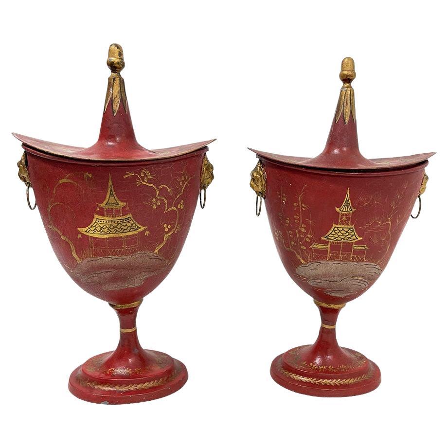 Pair of Dutch Chestnut Urns with Chinoiserie Decoration, 19th Century For Sale