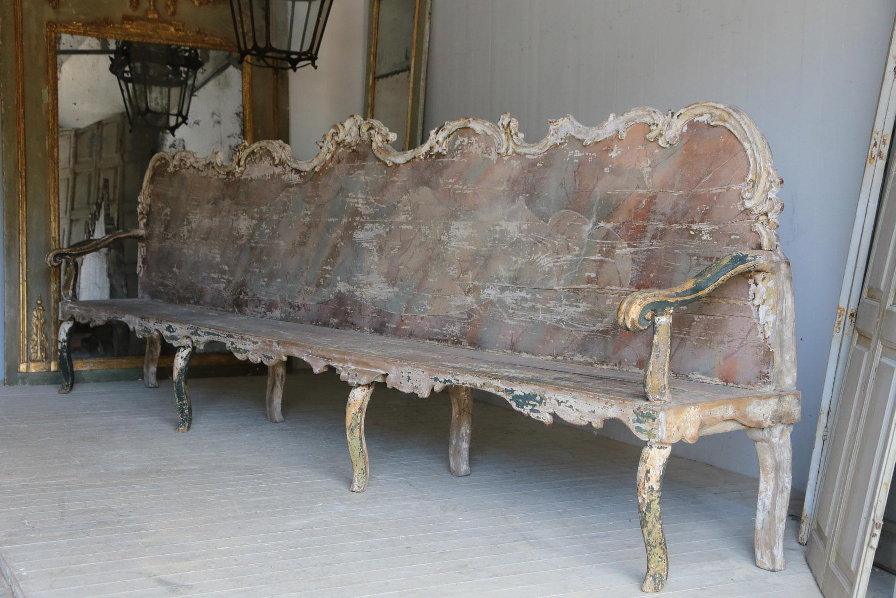 Exceptional Grande Pair of  17thC /Early 18thC Italian Painted Baroque Benches
An exceptional pair of late 17th early 18th Century Italian Painted Baroque Benches magnificent in proportion with wonderful carving and delicate paintwork.These benches
