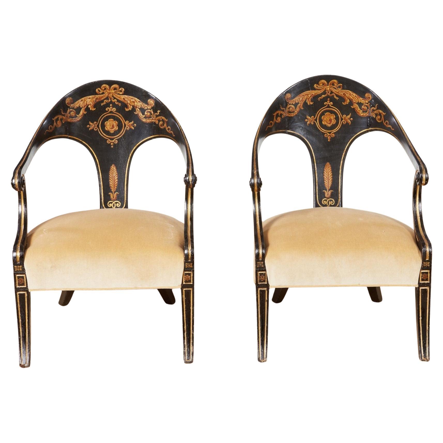A Pair of Early 19th c. Painted Regency Spoonback Chairs For Sale