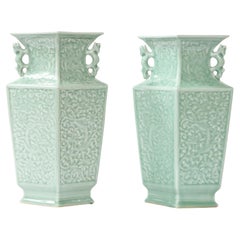 A Pair of 19th Century Chinese Celadon Ground Vases with Sgraffito
