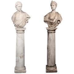 Antique Pair of Early 19th Century Female Busts on Columnar Plinths