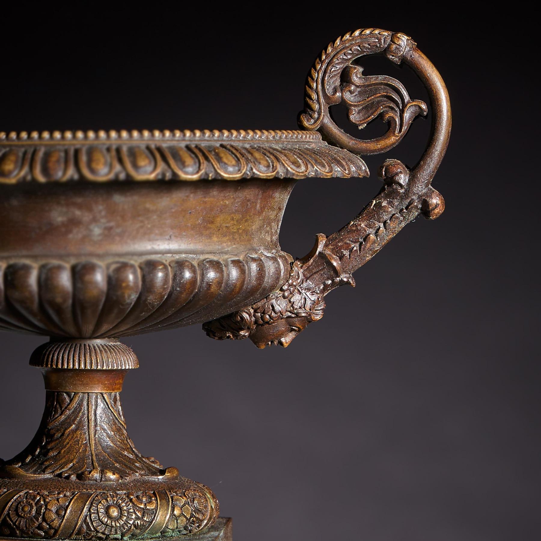 A Pair of Early 19th Century French Bronze and Marble Tazzas For Sale 2