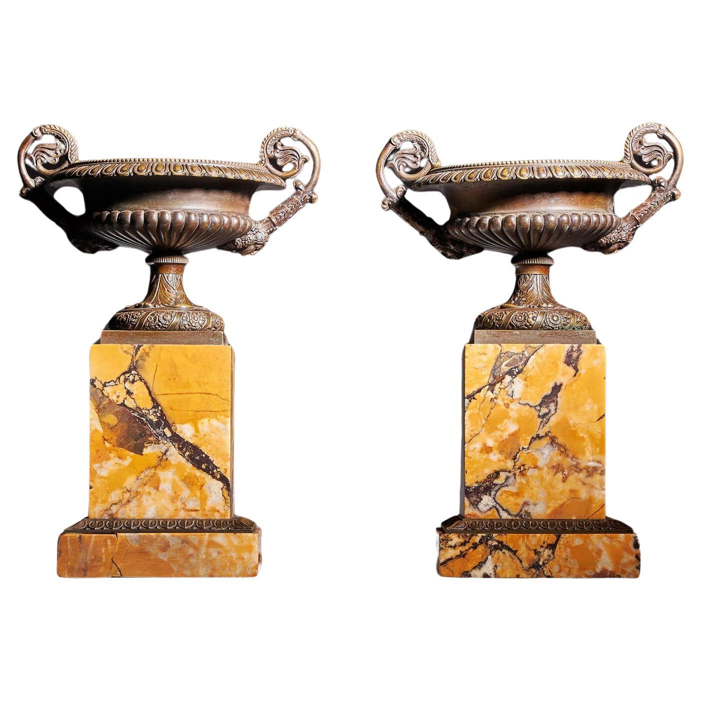 A Pair of Early 19th Century French Bronze and Marble Tazzas For Sale