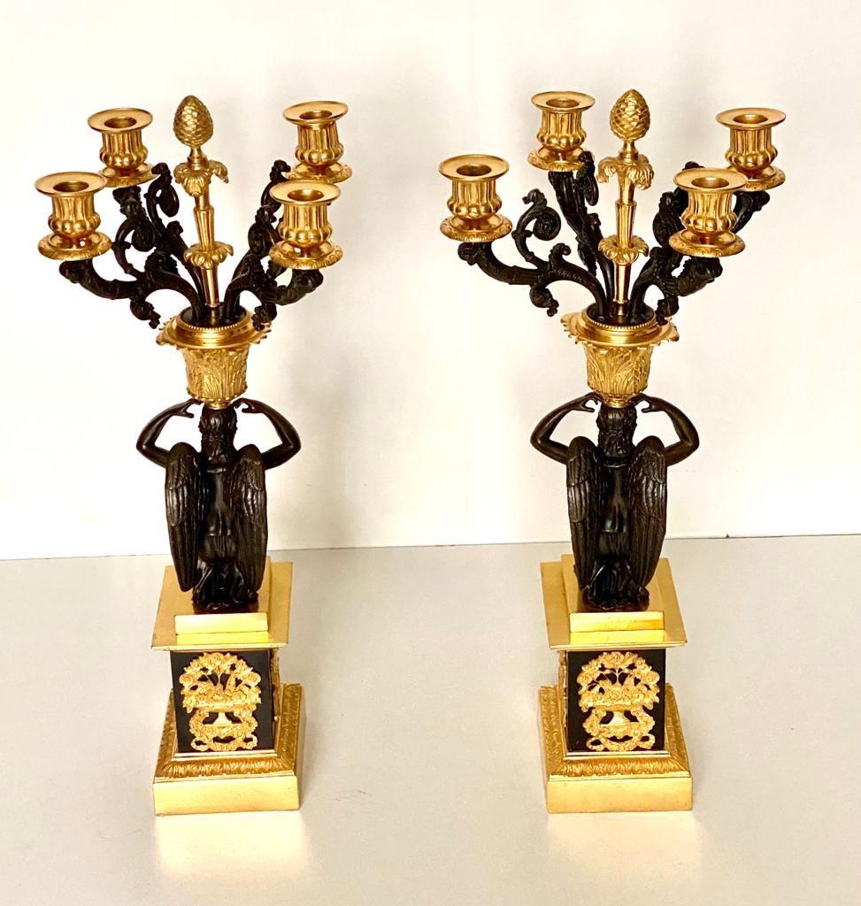 Pair of Early 19th Century French Empire Bronze Dor'e Four-Light Candelabrums For Sale 5