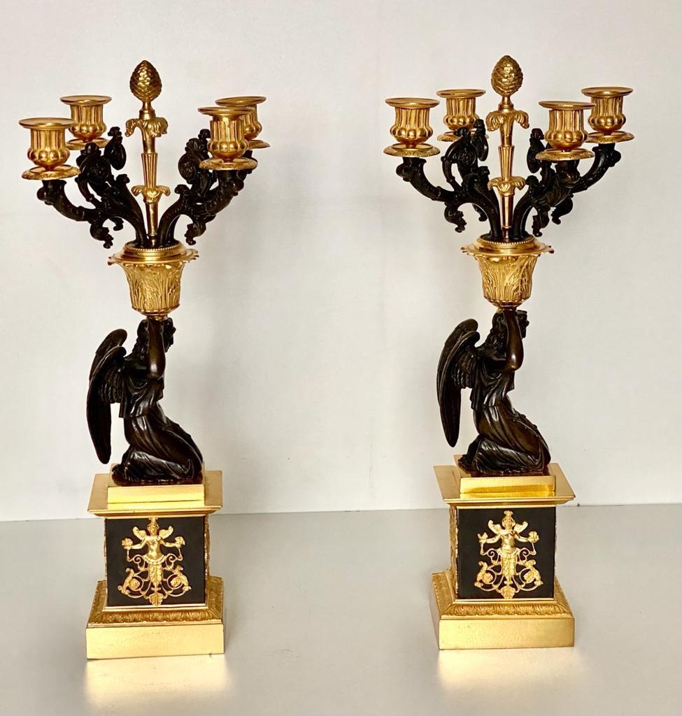 Pair of Early 19th Century French Empire Bronze Dor'e Four-Light Candelabrums For Sale 6