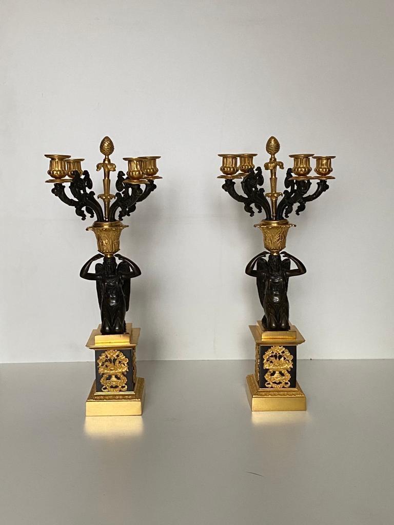 Pair of Early 19th Century French Empire Bronze Dor'e Four-Light Candelabrums For Sale 10