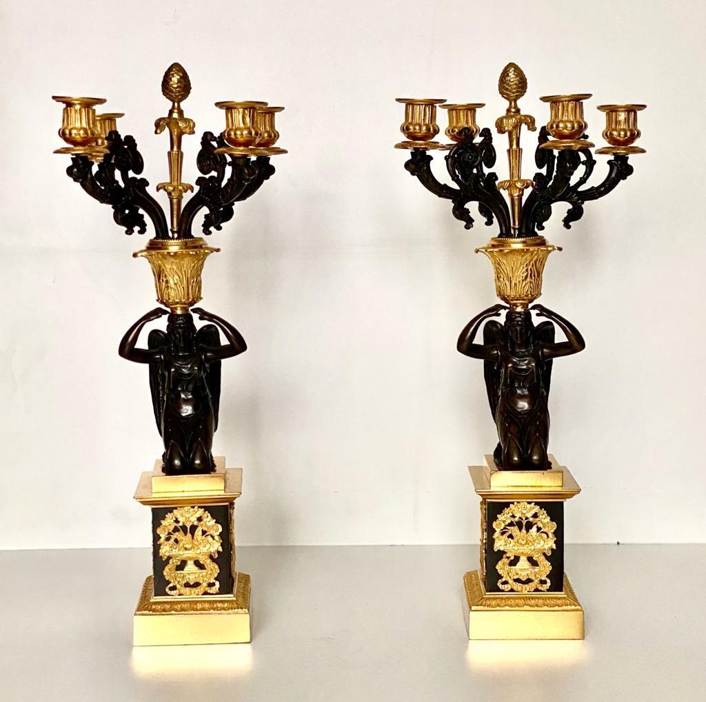 Pair of Early 19th Century French Empire Bronze Dor'e Four-Light Candelabrums For Sale 1