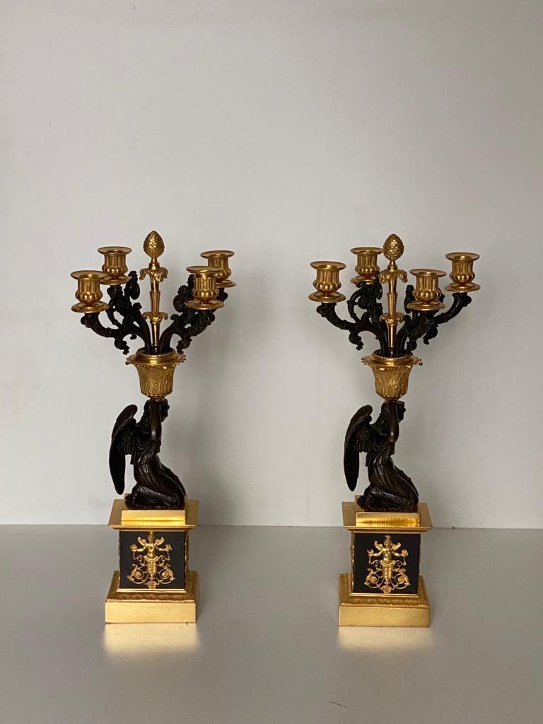 Pair of Early 19th Century French Empire Bronze Dor'e Four-Light Candelabrums For Sale 3