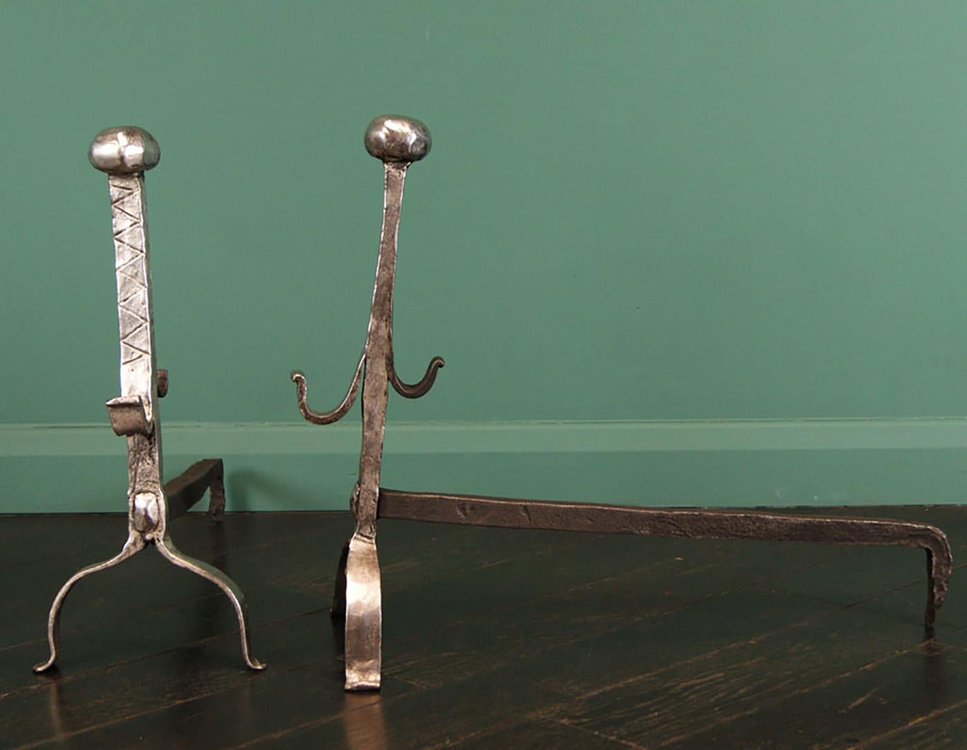 French Provincial A Pair of Early 19th Century Polished Wrought-Iron Fireplace Andirons For Sale