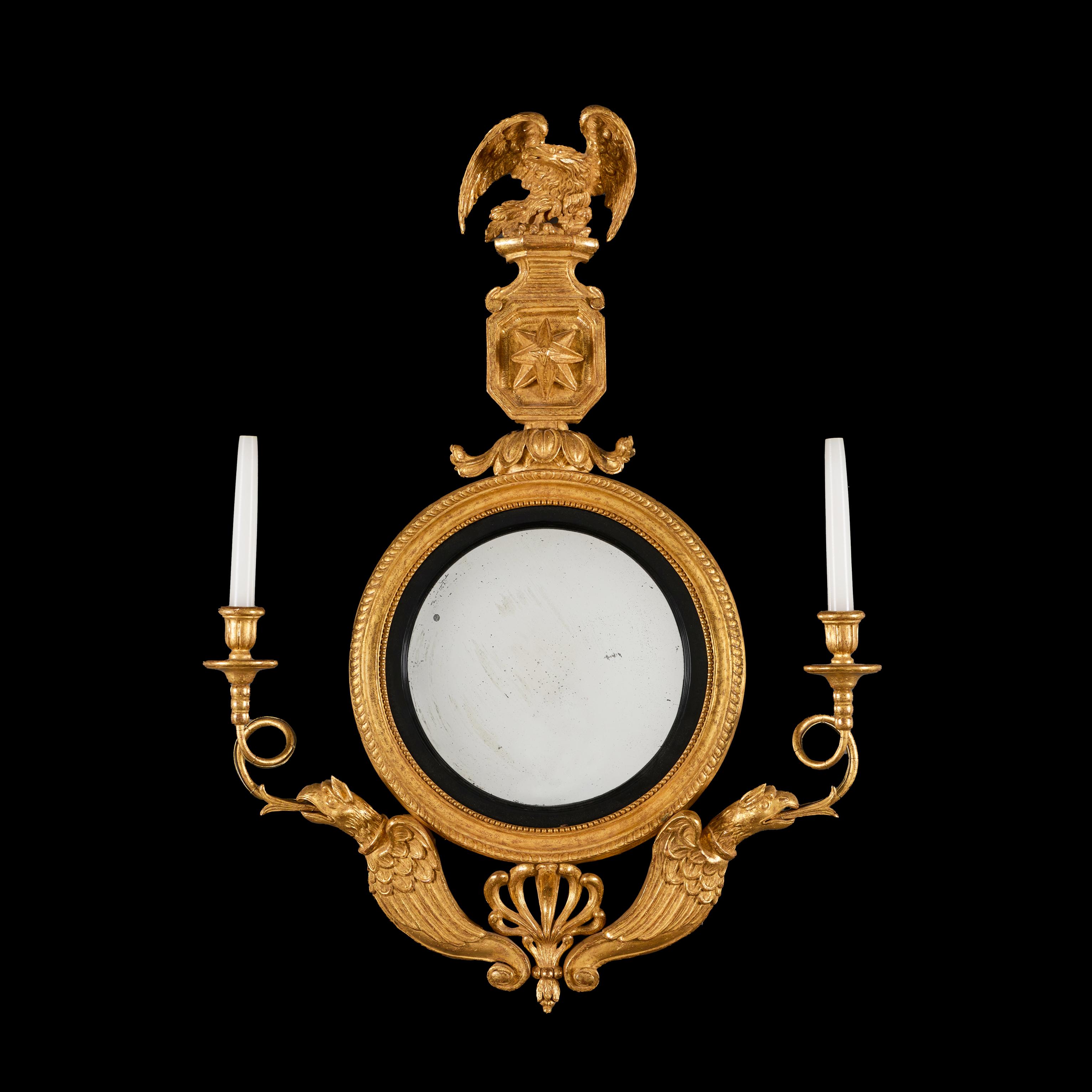 Inglese Coppia di specchi Girandole convessi Regency del primo Ottocento in vendita