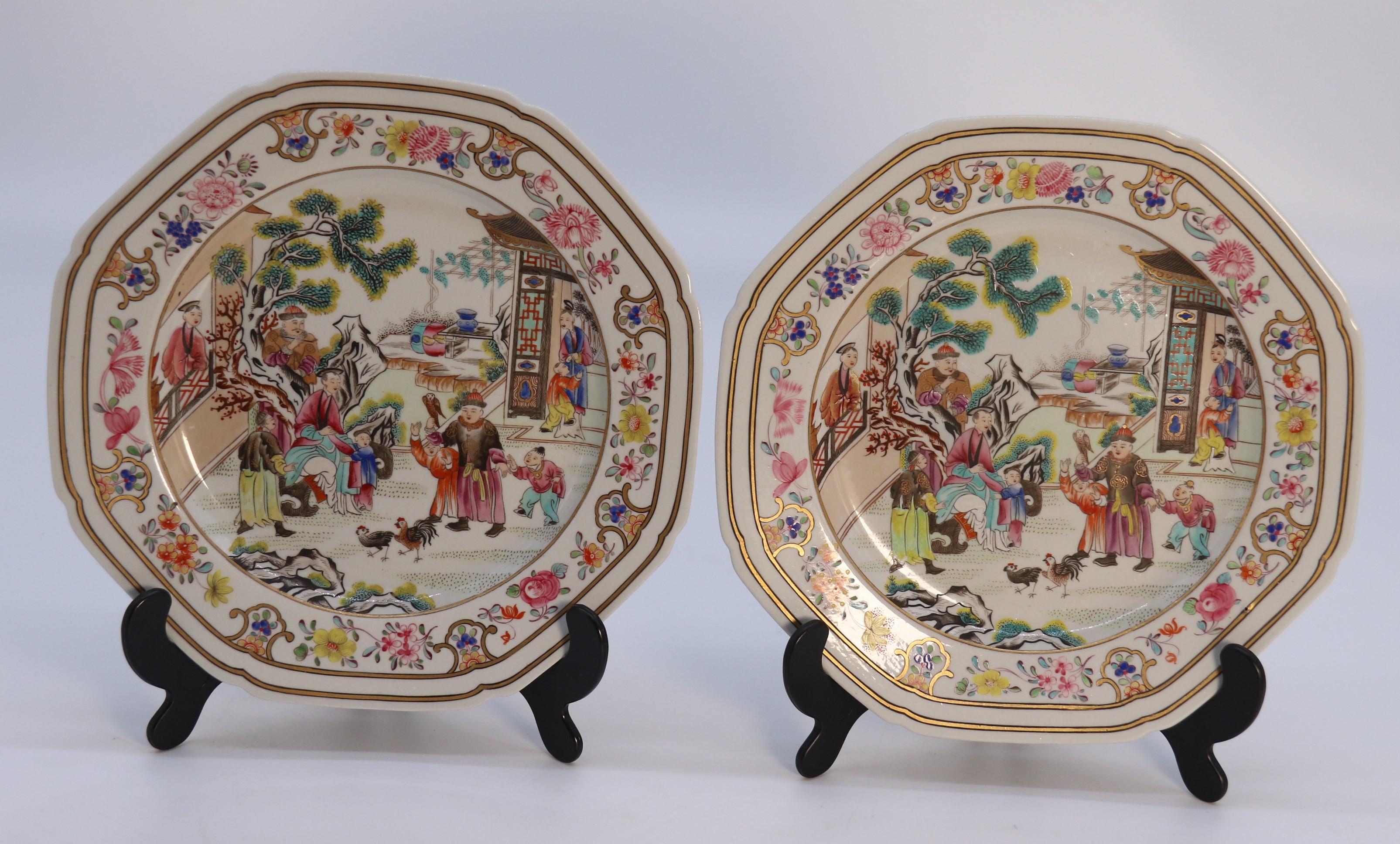 This truly beautiful pair of exceptional quality early 19th century Spode stone china octagonal shaped cabinet plates are hand painted with Chinese chinoiserie scenes of a highly detailed design in rich bright coloured enamels with fine gilded