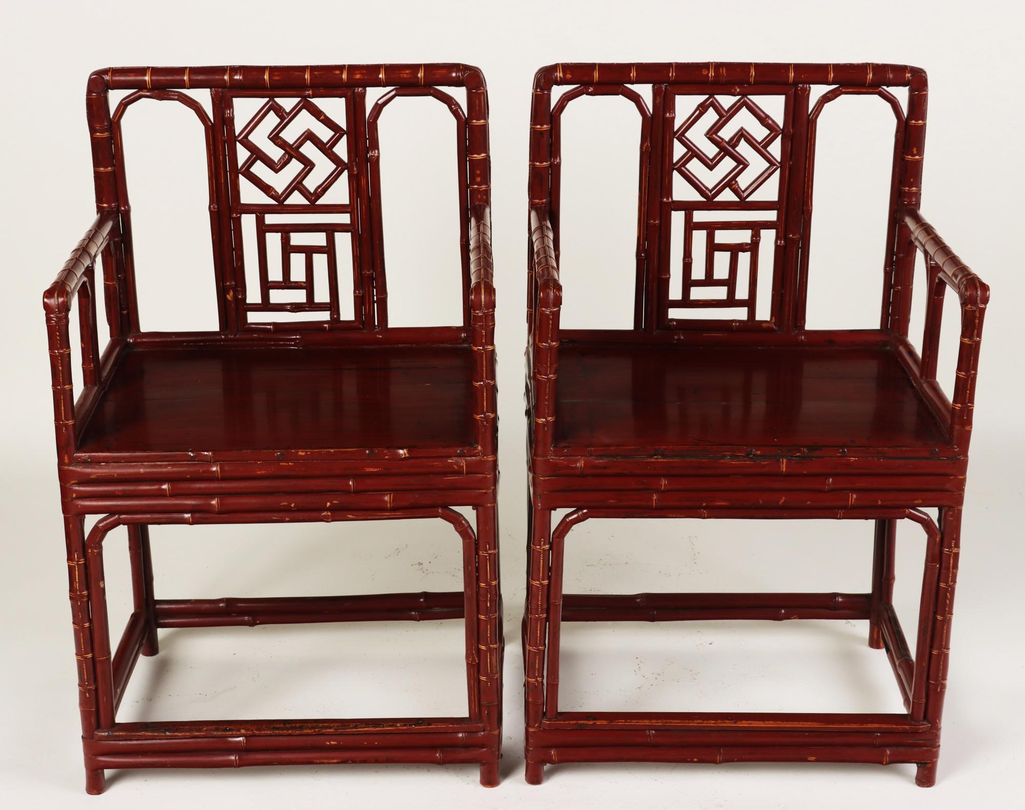 A beautiful pair of early 20th C Chinese Brighton pavilion style bamboo armchairs in fantastic condition.