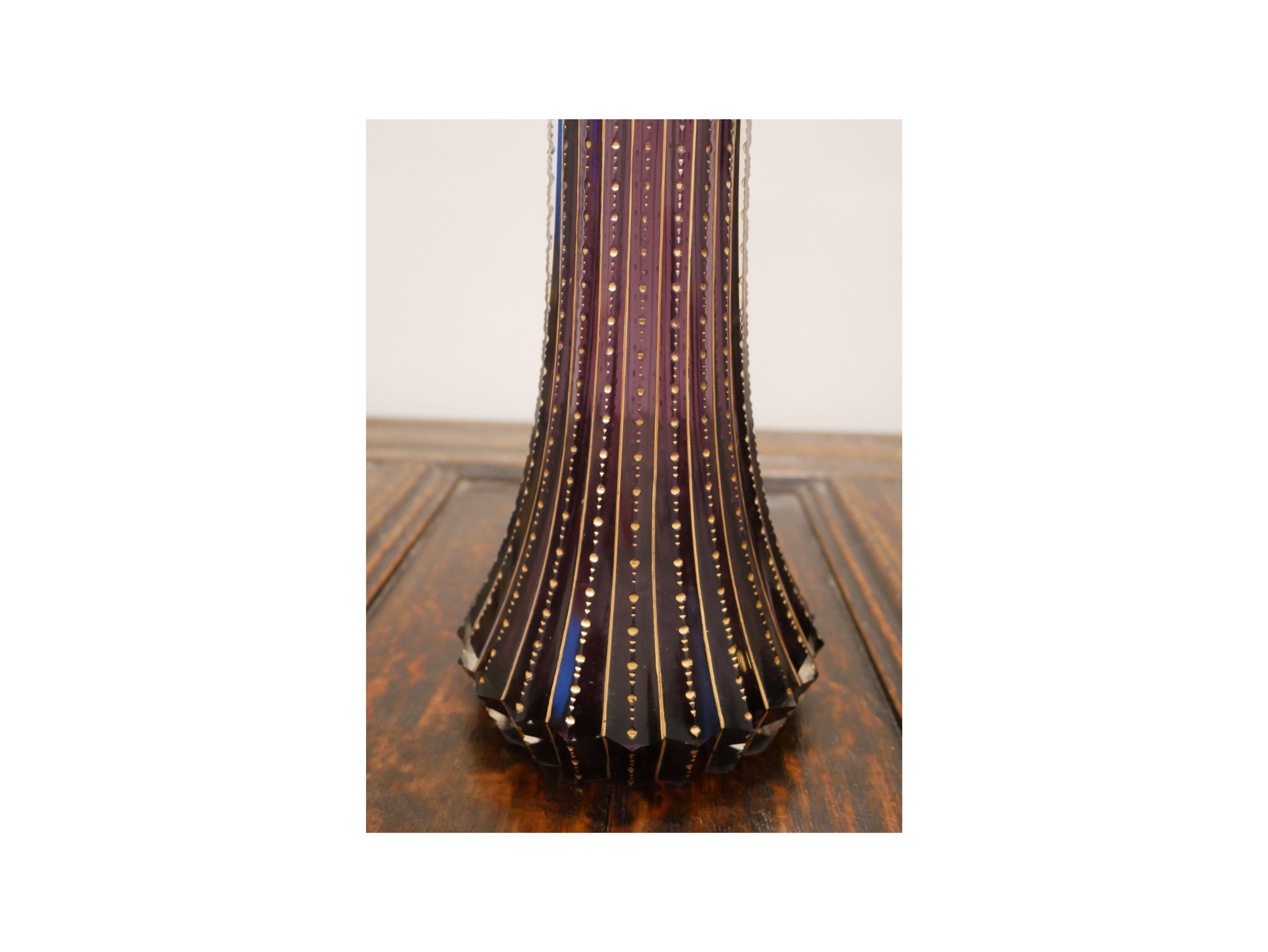 Gilt Pair of Early 20th Century Bohemian Amethyst Glass Vases Attributed to Moser