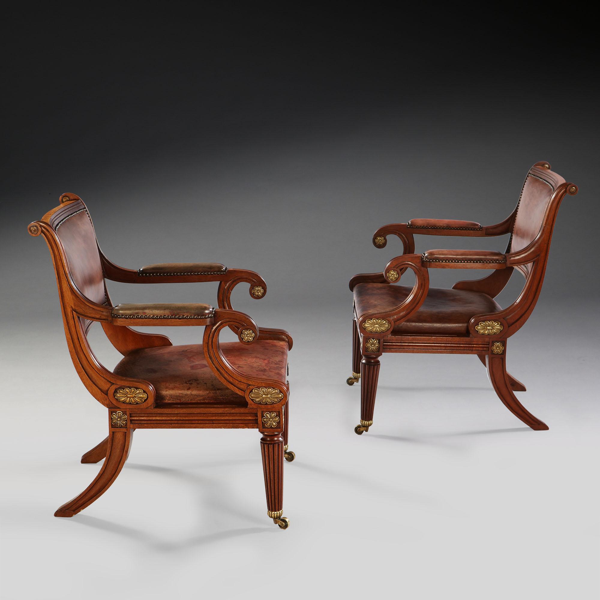 English Pair of Early 20th Century Edwardian Mahogany and Leather Library Armchairs