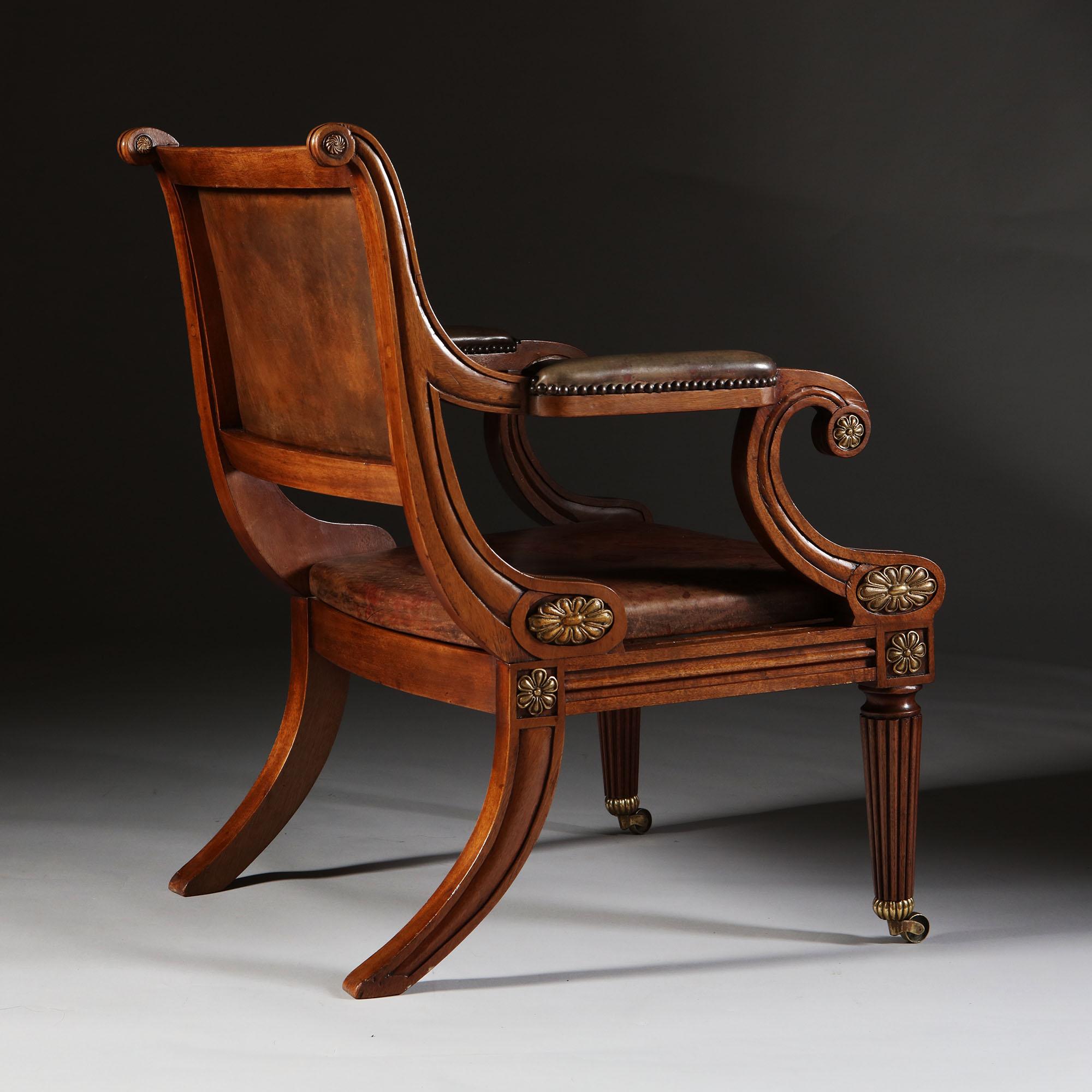 Pair of Early 20th Century Edwardian Mahogany and Leather Library Armchairs 2