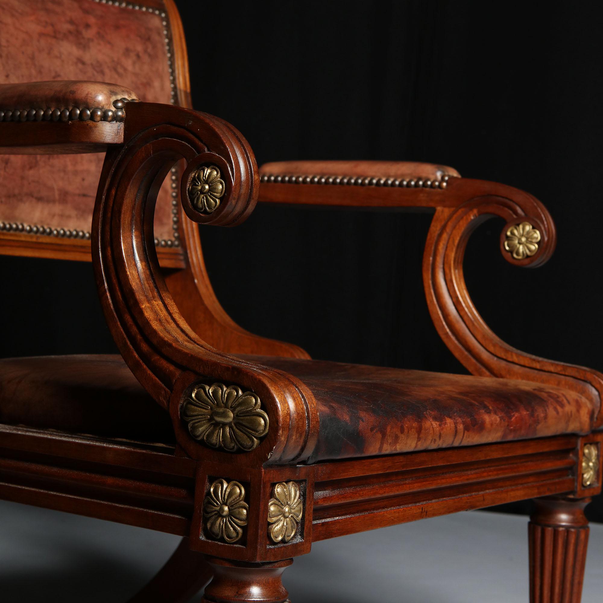 Pair of Early 20th Century Edwardian Mahogany and Leather Library Armchairs 3