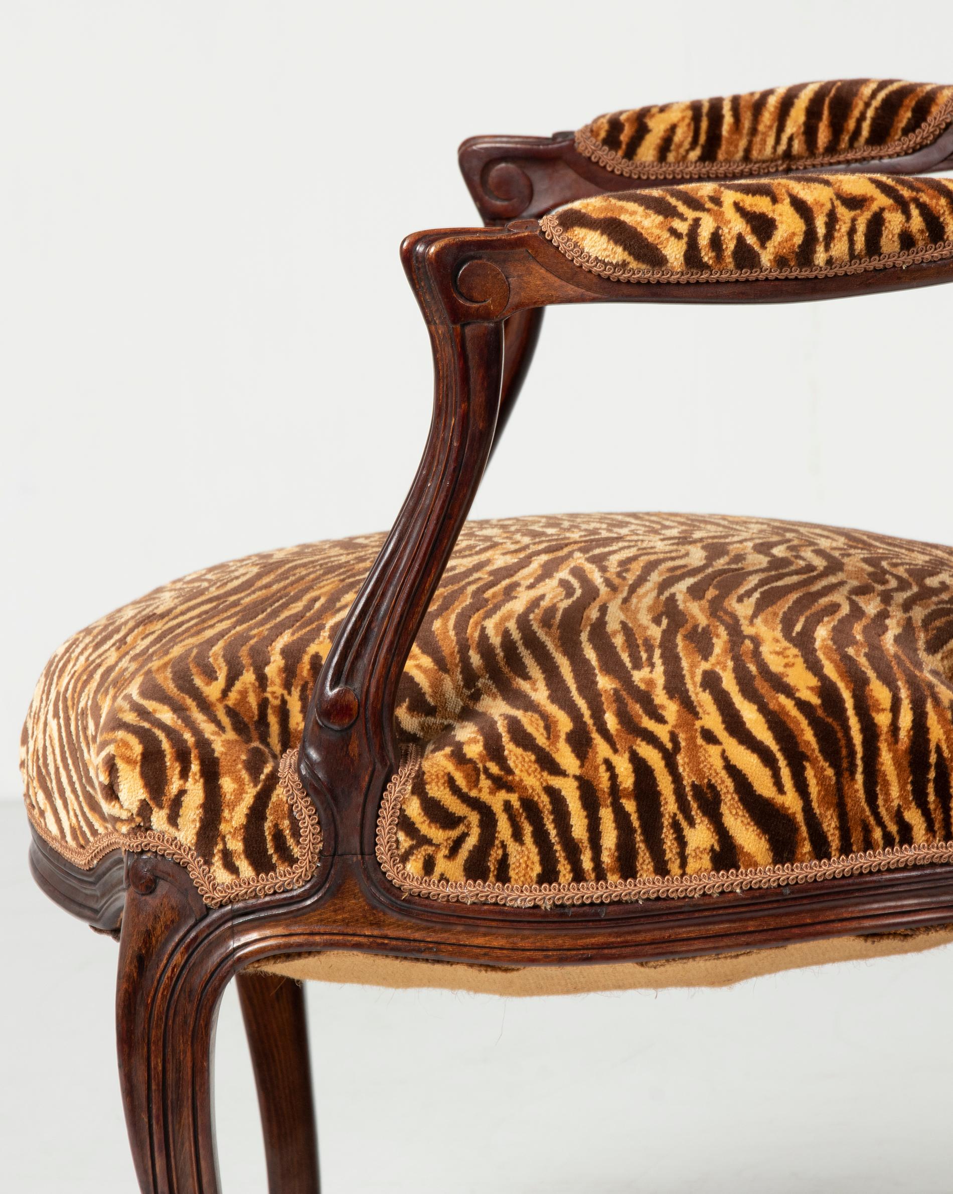 Pair of Early 20th Century French Cabriolet Arm Chairs with Tiger Print Fabric 4