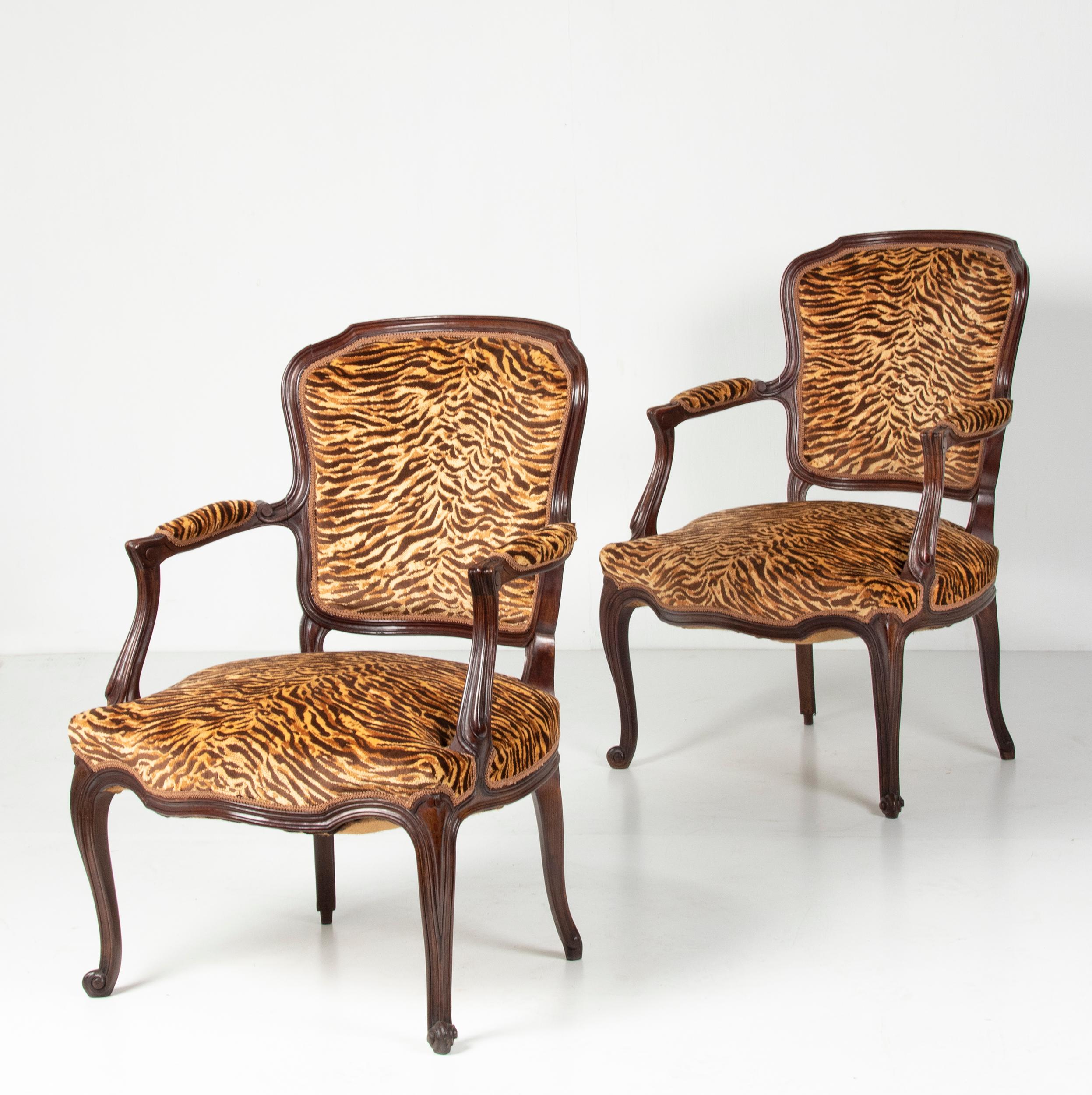 Hand-Crafted Pair of Early 20th Century French Cabriolet Arm Chairs with Tiger Print Fabric