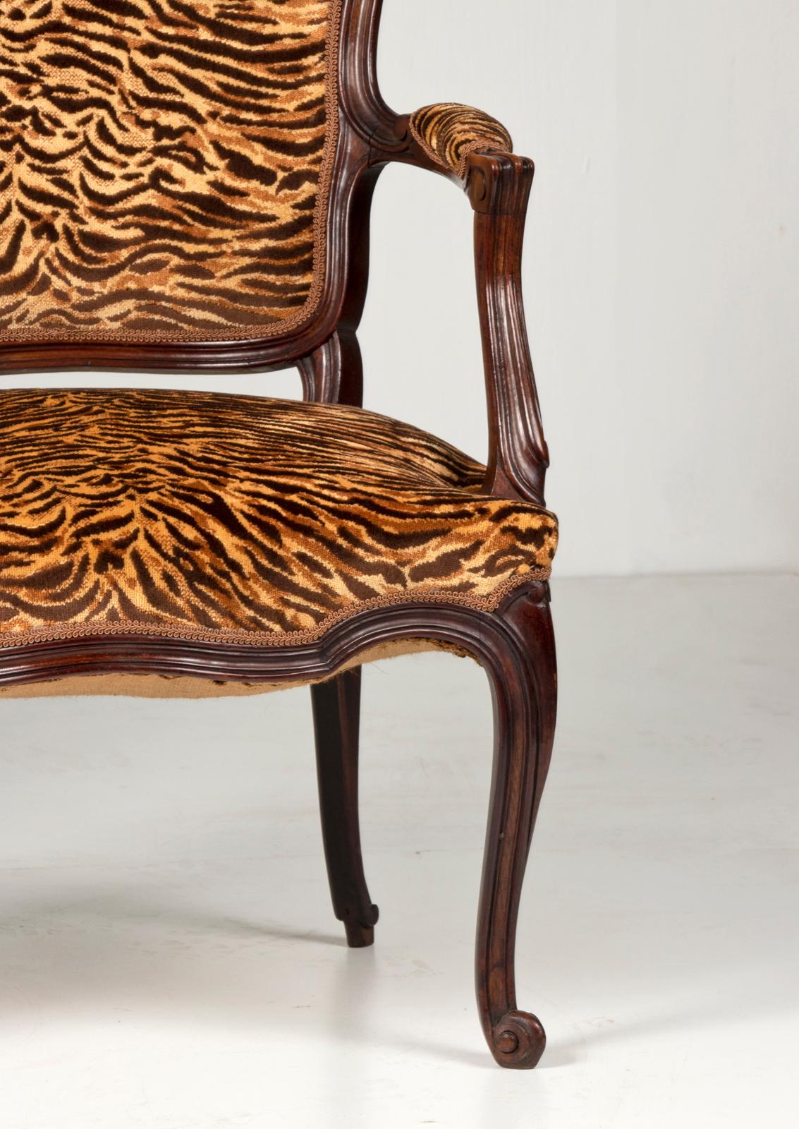 Pair of Early 20th Century French Cabriolet Arm Chairs with Tiger Print Fabric 1