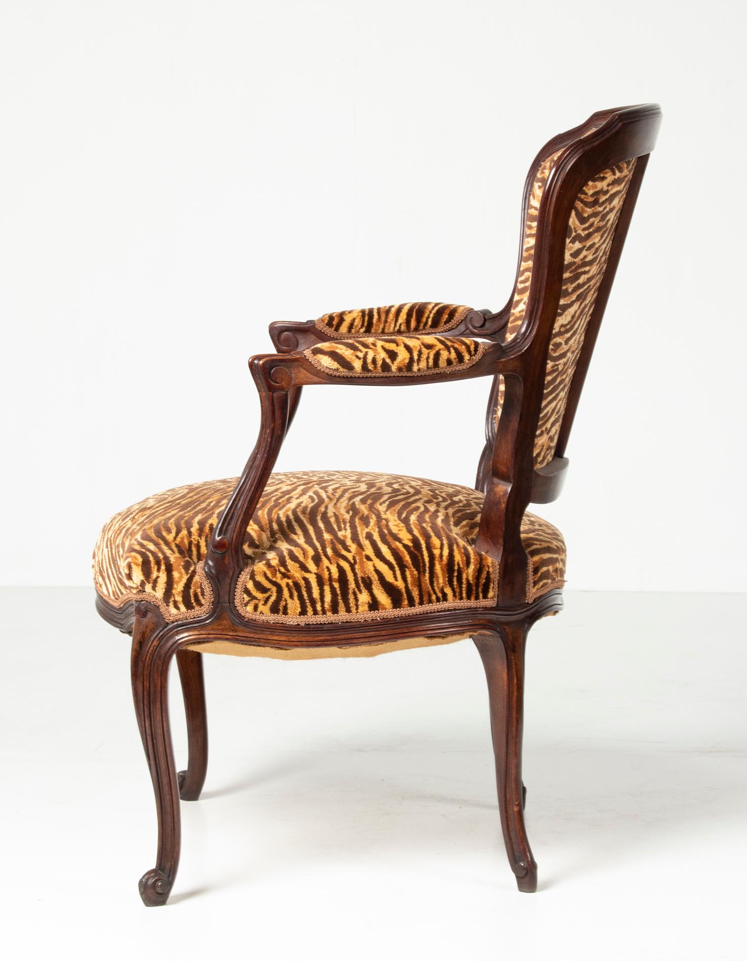 Pair of Early 20th Century French Cabriolet Arm Chairs with Tiger Print Fabric 2