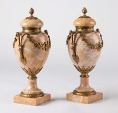 Pair of Early 20th Century French Marble Cassolettes with Bronze Ornaments