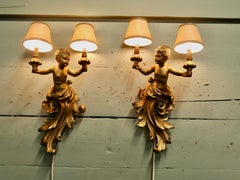A Pair of Early 20th Century Golden Cherub Wall Lights 2 Baroque style figures