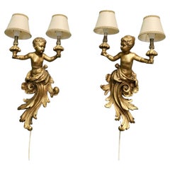 A Pair of Early 20th Century Golden Cherub Wall Lights 2 Baroque style figures