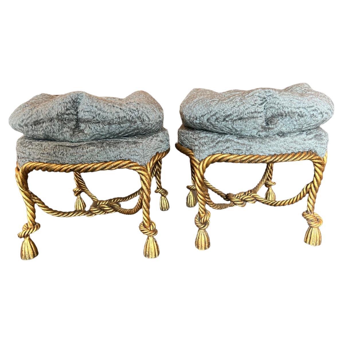 Pair of Early 20th Century Italian Gilt Gold Metal Rope Stools For Sale