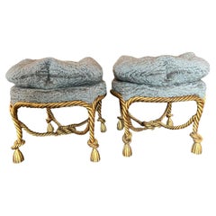 Antique Pair of Early 20th Century Italian Gilt Gold Metal Rope Stools