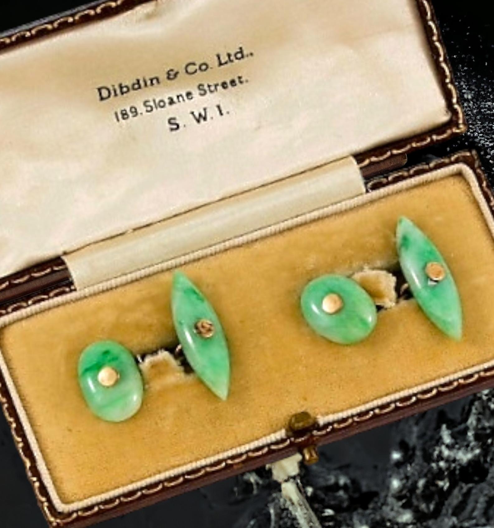 A PAIR JADEITE CUFFLINKS by Dibdin &Co Ltd (Sloane Street S.W.1) London
Jadeite double (4) cabochons Jadeite: 4 oval cabochons, 2 oval shaped measuring approximately 14.0 - 13 x 9mm and the other 2 marquise shaped measuring approximately 22x 7.0